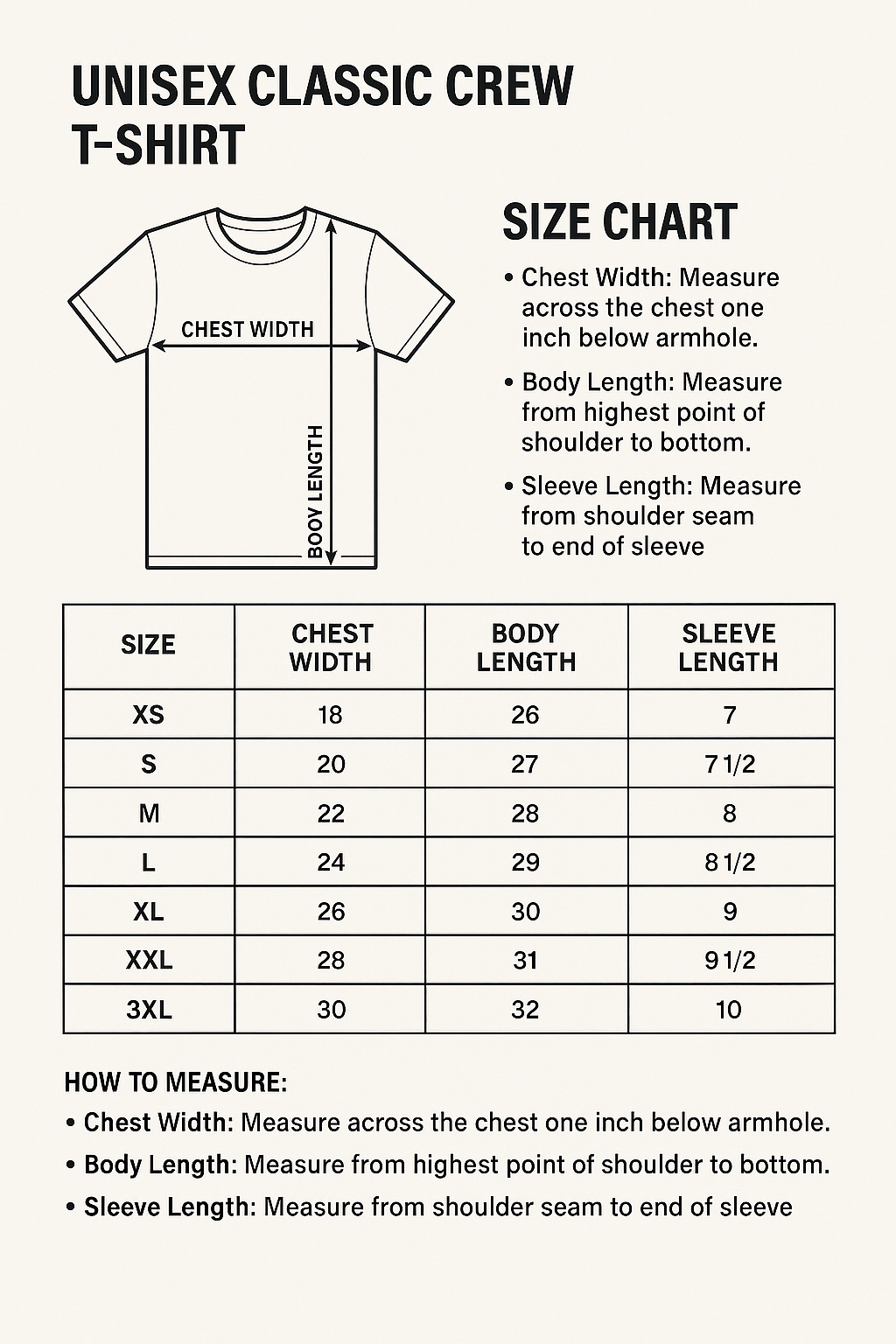 Size chart for a unisex classic crew t-shirt with measurements and how to measure instructions.